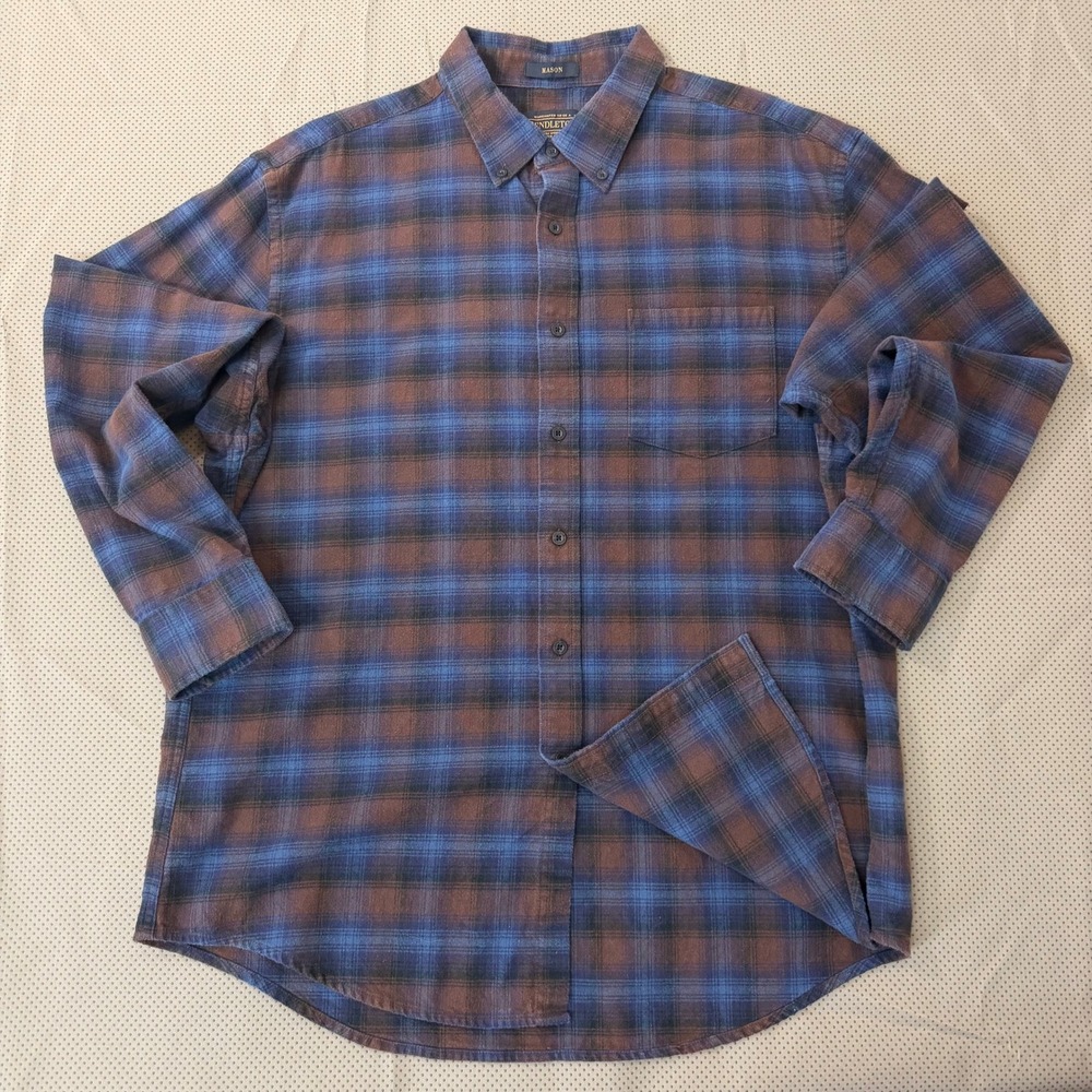 Pendleton Button Down Shirt Men XL Blue Shadow Plaid Mason Flannel Cotton